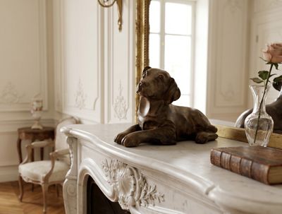 une statue représentant un chien assis sur la cheminée d'un salon