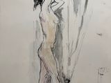 drawing of a woman standing in front of a mirror with her hands on her head