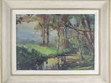 an image of a painting of trees and water in a white frame