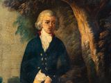 an old painting of a man in a blue coat holding a dog