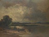 an image of a painting of a lake with a boat on the shore