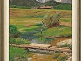 un tableau représentant un paysage de montagne avec une rivière et un pont