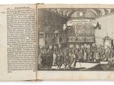 an open book with a drawing of a man standing in front of a crowd