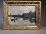 an oil painting of a man in a boat on a river