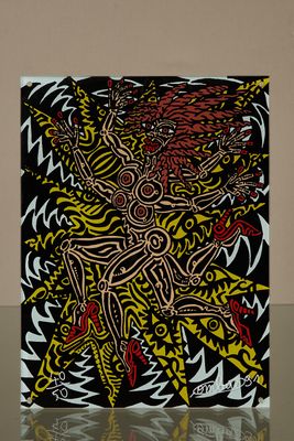 peinture abstraite représentant un oiseau sur fond noir, rehaussée de touches de jaune et de rouge