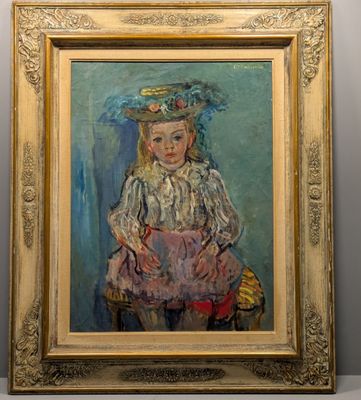 an oil painting of a little girl sitting in a chair