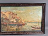 an oil painting of a harbor scene with boats in the water