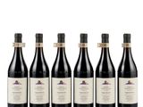 six bottles of red wine lined up in a row