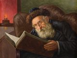 painting of an old man reading a book while sitting in a chair