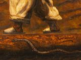 a painting of a man standing on top of a log