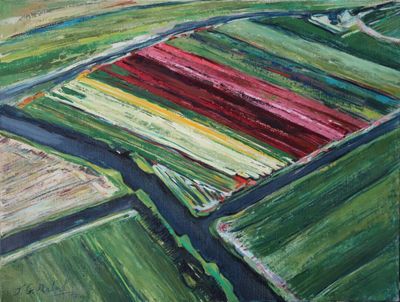 an aerial painting of a green field with a river running through it