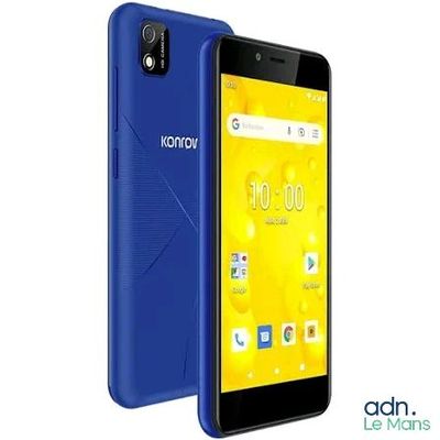 a blue smartphone with a picture of the front and back of it