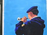 painting of a man playing a trumpet in front of a blue sky