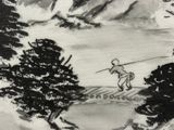 a black and white drawing of a man walking on a bridge