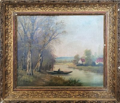 an oil painting of a boat on a river with a house in the background