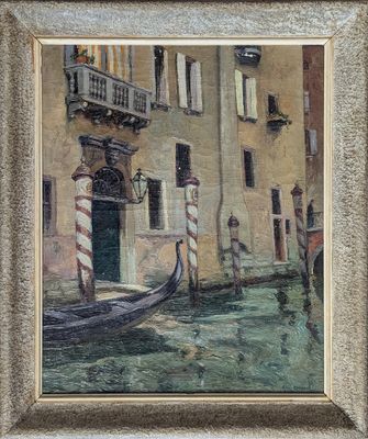 an oil painting of a gondola on a canal with a building in the background