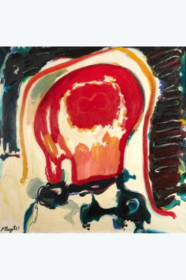 abstract painting of a red and white piece of art with black and yellow accents