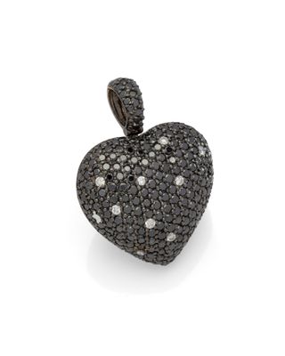 a black and white diamond heart pendant on a white background