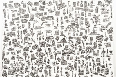 an image of a black and white drawing of a city with lots of buildings