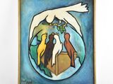 painting of three cats and a dove in a box with a plant in its beak