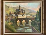 an oil painting of a bridge over a river with a castle in the background