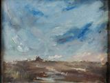 une peinture à l'huile représentant un paysage avec un ciel bleu en arrière-plan