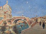 painting of a painting of a bridge over a river with people walking on it