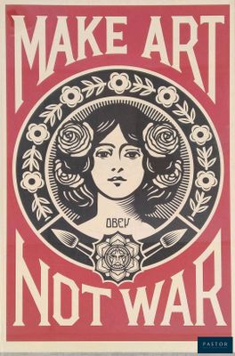 une image d'une affiche sur laquelle on peut lire « Make art, not war »
