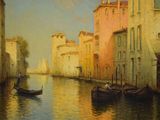 a painting of a canal with boats on it