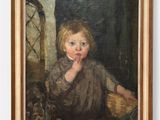 painting of a child sitting in a chair with a basket on his lap