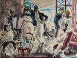 a painting of a man and woman dancing in a living room
