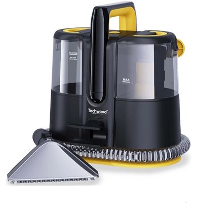 un aspirateur noir et jaune muni d'une poignée jaune