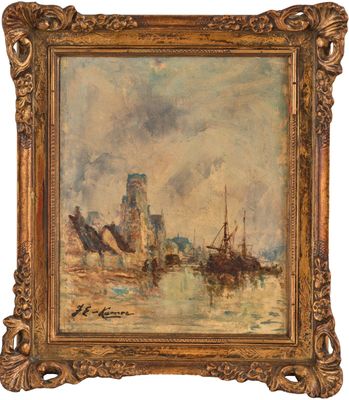 un tableau représentant des bateaux dans un port, avec un château en arrière-plan