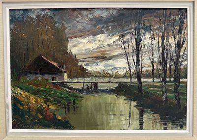 an image of a painting of a house by a river