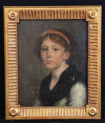 a painting of a woman with a red headband in a gold frame