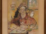 tableau représentant une femme assise à une table, un chat sur les genoux