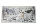 drawing of a man and a dog in a snowy forest