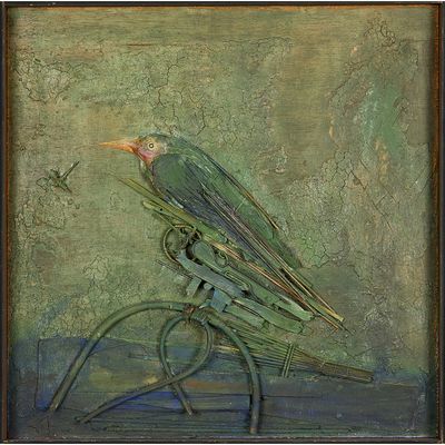 a painting of a bird sitting on top of a bike