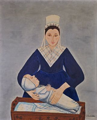 tableau représentant une femme en robe bleue tenant un bébé dans un berceau