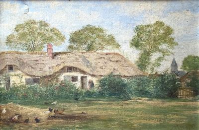 a painting of a thatched house with chickens in the yard