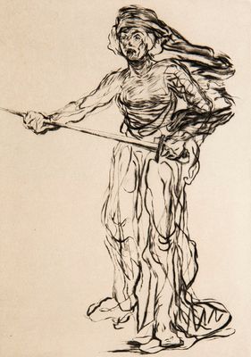 un dessin représentant une femme tenant un couteau à la main