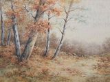un tableau représentant des arbres dans un champ au bord de l'eau