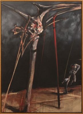 painting of a man standing in front of a skeleton with a sword