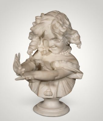 marble bust of a boy holding a bird on a pedestal