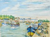 une peinture représentant une scène portuaire avec des bateaux dans l'eau