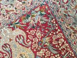 a close up of a red carpet with a bird design on it
