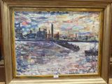 an oil painting of a city skyline in a gold frame