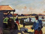 a painting of a group of people on a beach
