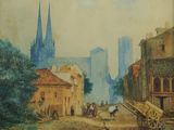 a painting of a street scene with a horse drawn carriage