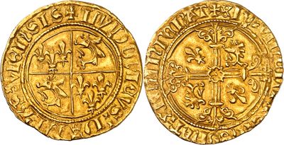 une pièce d'or avec une croix au recto et une croix au verso